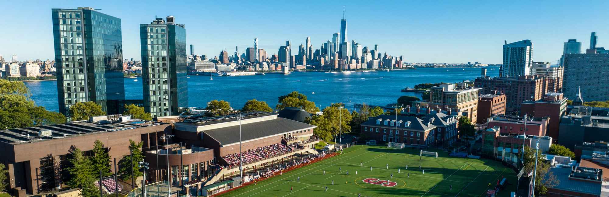 Stevens Institute of Technology campus in Hoboken, NJ, overlooking Manhattan across the Hudson River